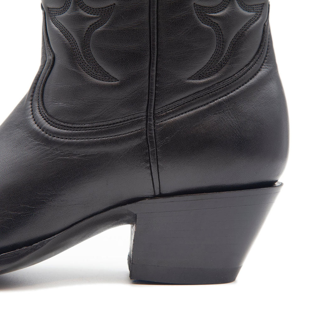 Black Pointy Toe Block Heel Vintage Stitching Western Knee High Boots