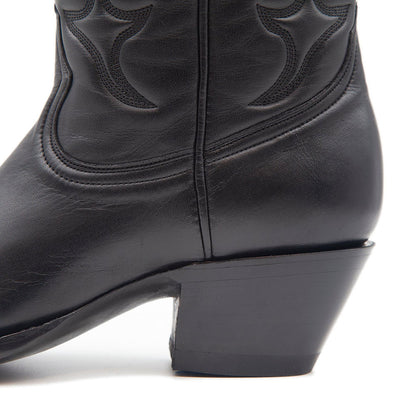 Black Pointy Toe Block Heel Vintage Stitching Western Knee High Boots