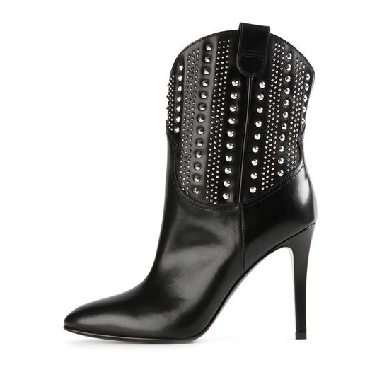 Women's Black Stiletto Heel Studded Western Ankle Boots by FSJ