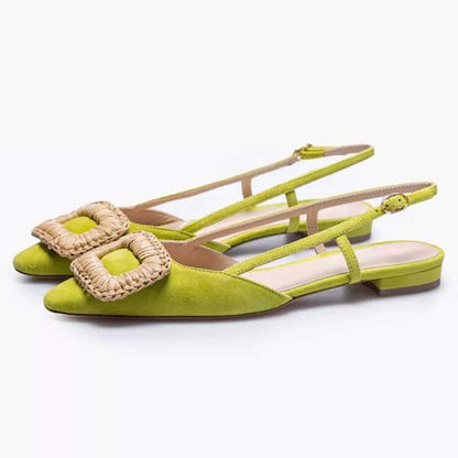 Women's Green Vegan Suede Closed Toe Buckle Slingback Flats