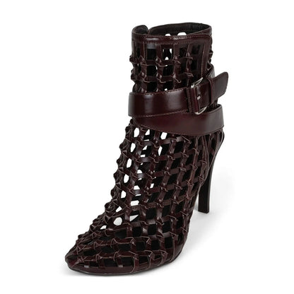 Brown Woven Detail Round Toe Heeled Buckle Stylish Boots for Ladies