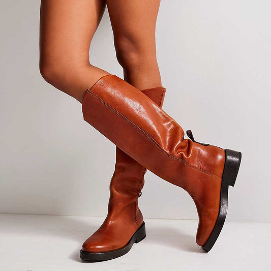 Tan Vegan Leather Round Toe Knee High Boots for Women with Chunky Heel