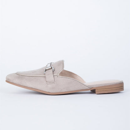 Grey Vegan Suede Round Toe Horsebit Flat Mule Loafers for Women