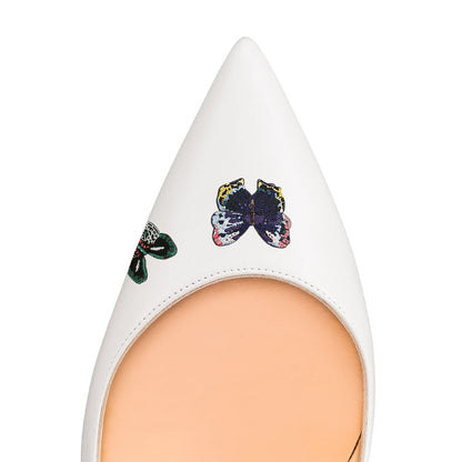 Women's Pointed Toe Stiletto Heel Butterfly Pattern White Pumps