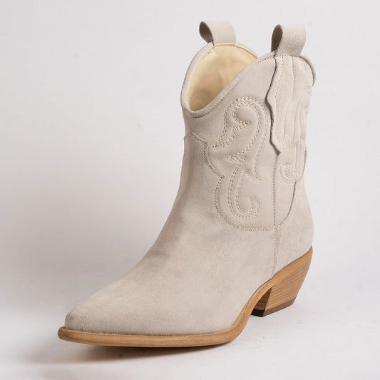 Beige Snip Toe Block Heel Embroidered Cowgirl Ankle Boots for Women