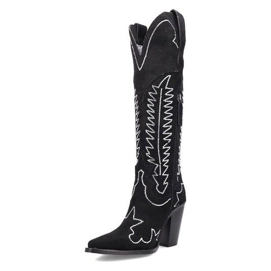 Black Vegan Suede Snip Toe Rhinestone Patterns Women's Western Boots
