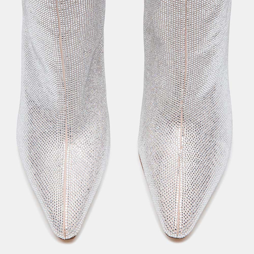 Silver Pointed Toe Flared Heel Rhinestone Wide-Calf Knee High Boots