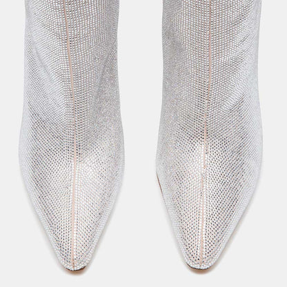 Silver Pointed Toe Flared Heel Rhinestone Wide-Calf Knee High Boots