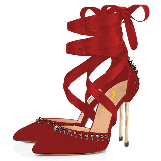 Women's Vegan Suede Pointed Toe Lace Up Pumps Heels with Rivets