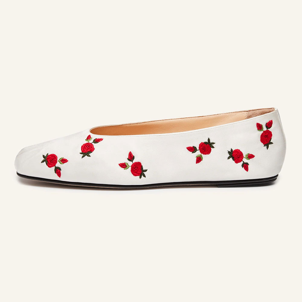 White Satin Round Toe Flower Embroidered Ballet Flats for Women