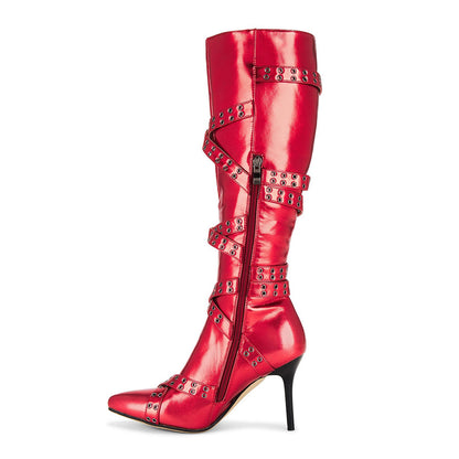 Red Pointed Toe Buckled Grommet Strap Stiletto Knee High Boots