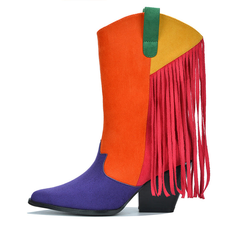 Women's Multicolor Patchwork Fringe Cowgirl Boots with Chunky Heels