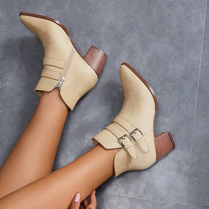 Beige Pointed Toe Chunky Heel Ankle Boots with Buckle