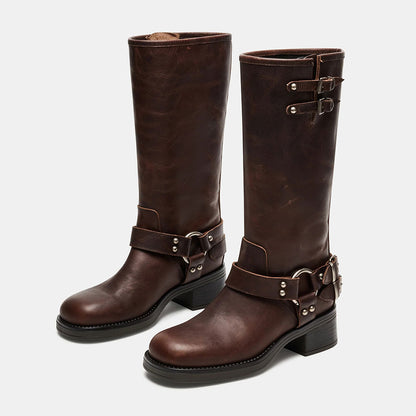 Brown Chunky Heel Buckle Strap Faux Leather Motorcycle Mid Calf Boots