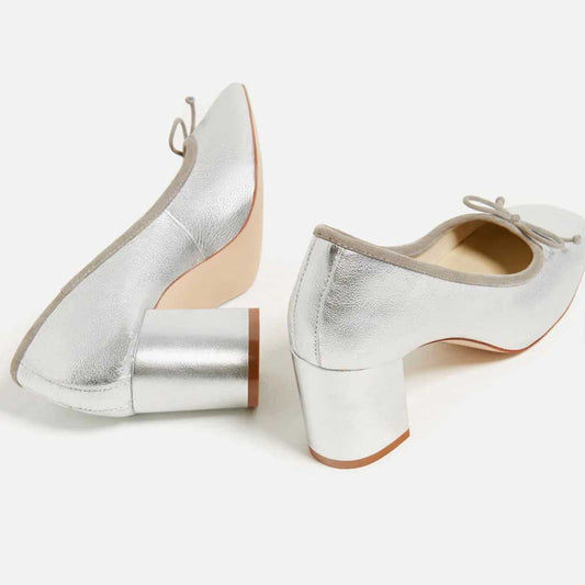 Women's Square Toe Chunky Heel Bow Detail Basic Silver Pumps