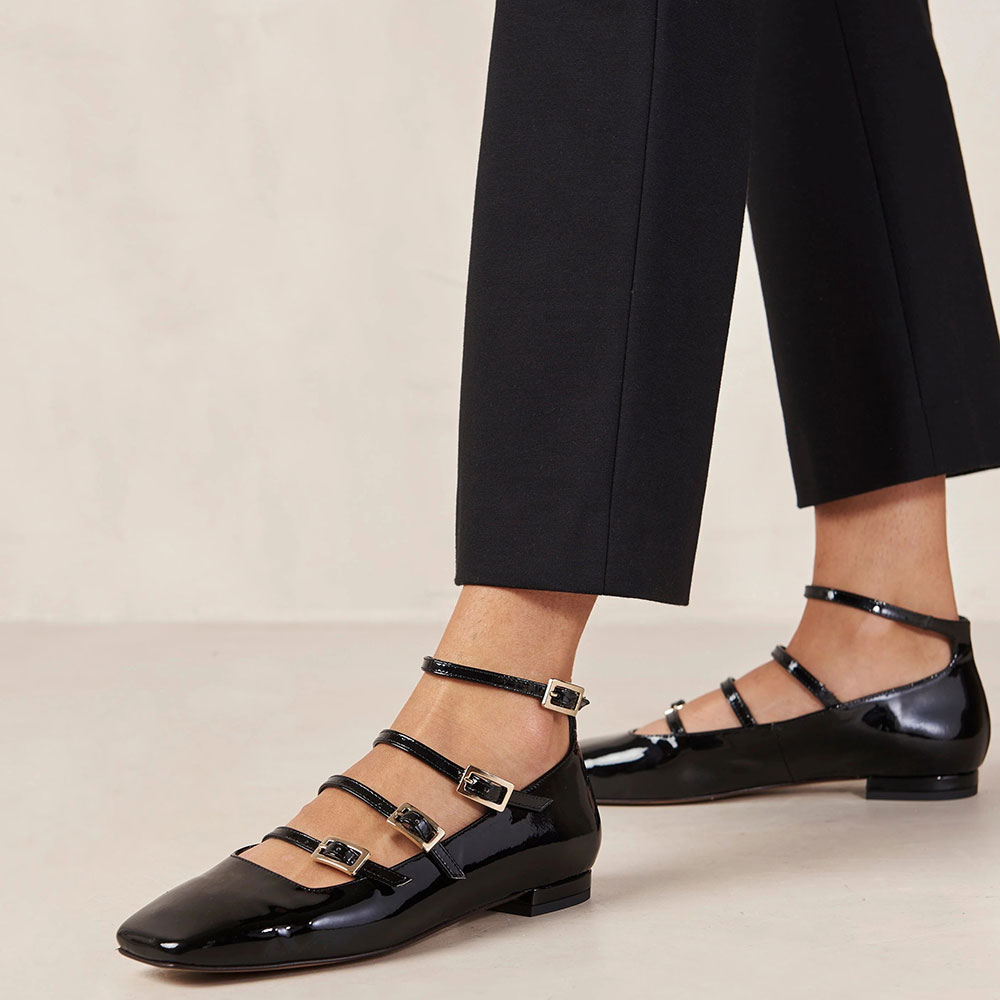 Black Patent Leather Buckled Square Toe Mary Jane Flats