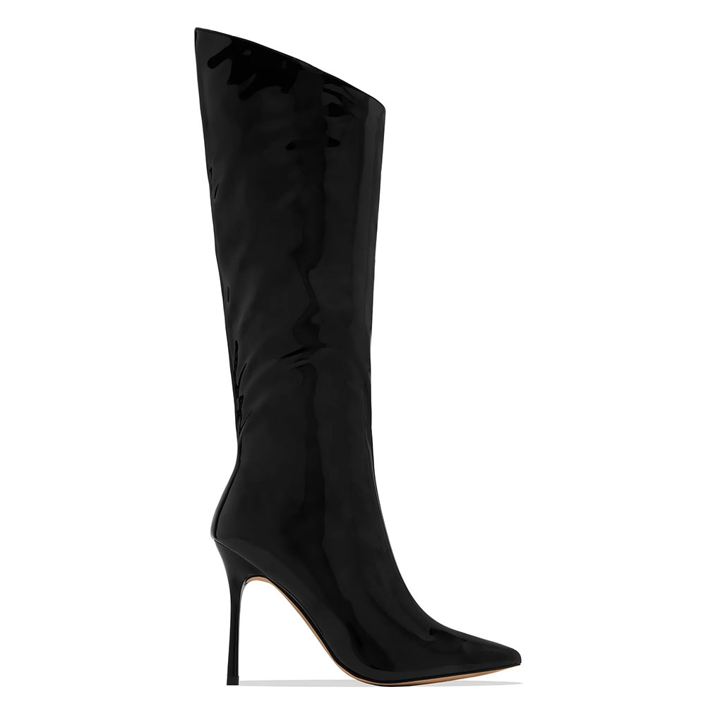 Black Vegan Patent leather Pointed Toe Stiletto Heel Knee High Boots