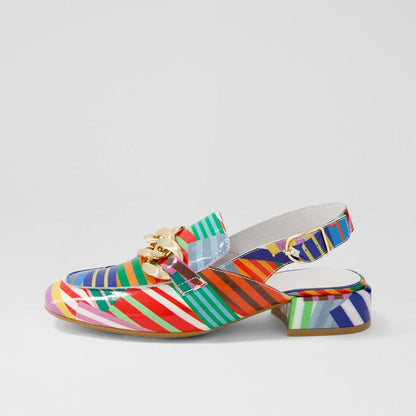 Multicolor Patent Leather Stripe Chain Slingback Heeled Loafers