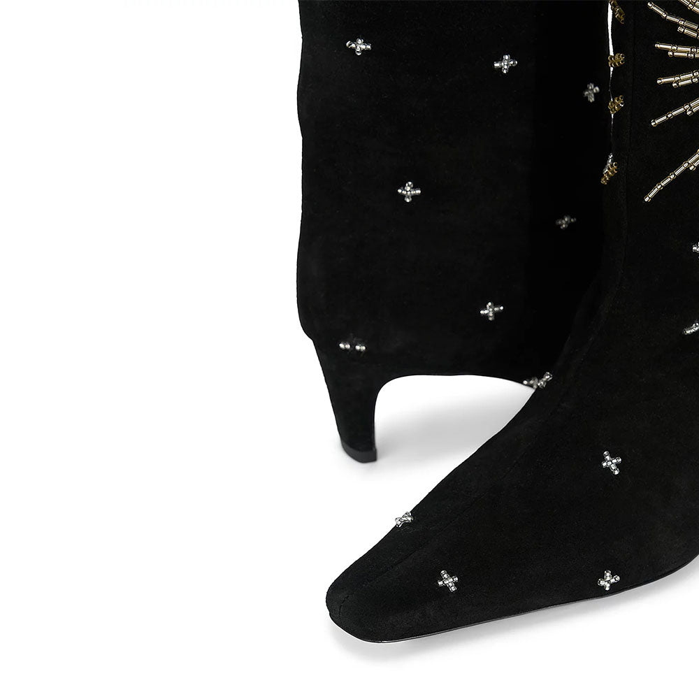 Black Beaded Square Toe Gem Decor Chunky Heel Knee High Boots