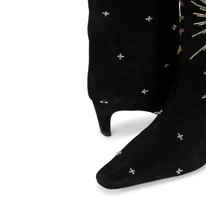 Black Beaded Square Toe Gem Decor Chunky Heel Knee High Boots