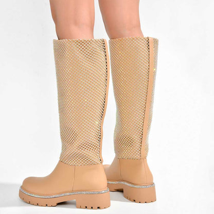 FSJ Nude Round Toe Rhinestone Mesh Chunky Heel Knee High Boots