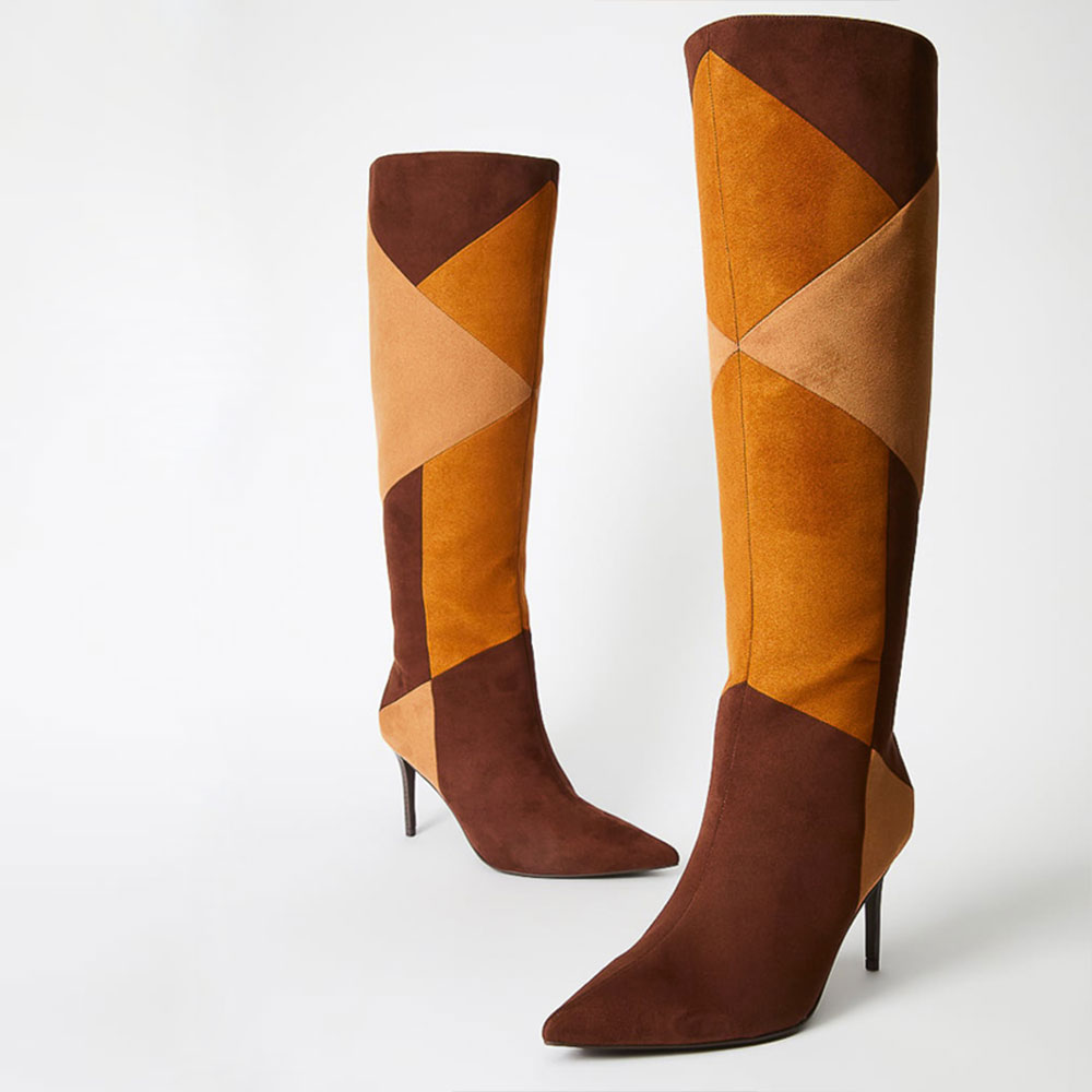 Brown Vegan Suede Patchwork Pointed Toe Stilettos Knee High Boots