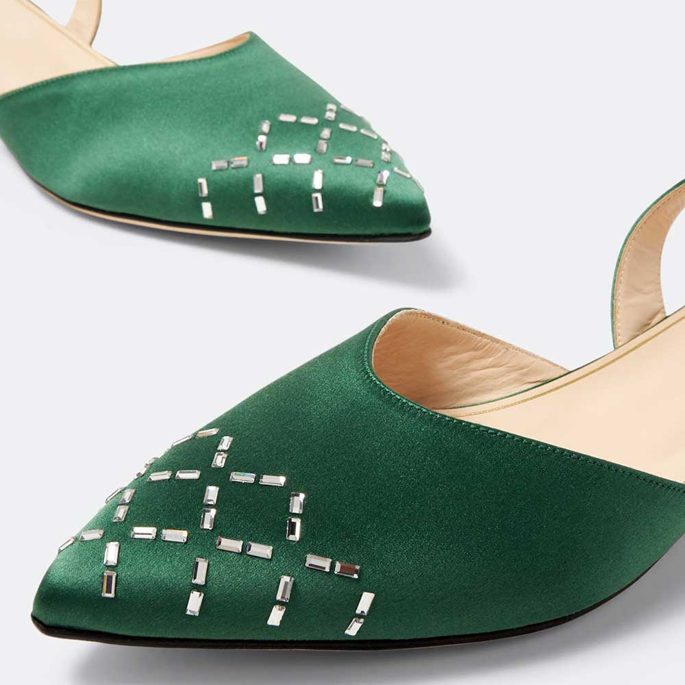 Green Satin Crystal Embellished Pointed Toe Flats Slingback Shoes