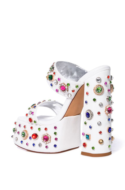 White Square Toe Chunky Heel Crystal Platform Mules with Double Strap