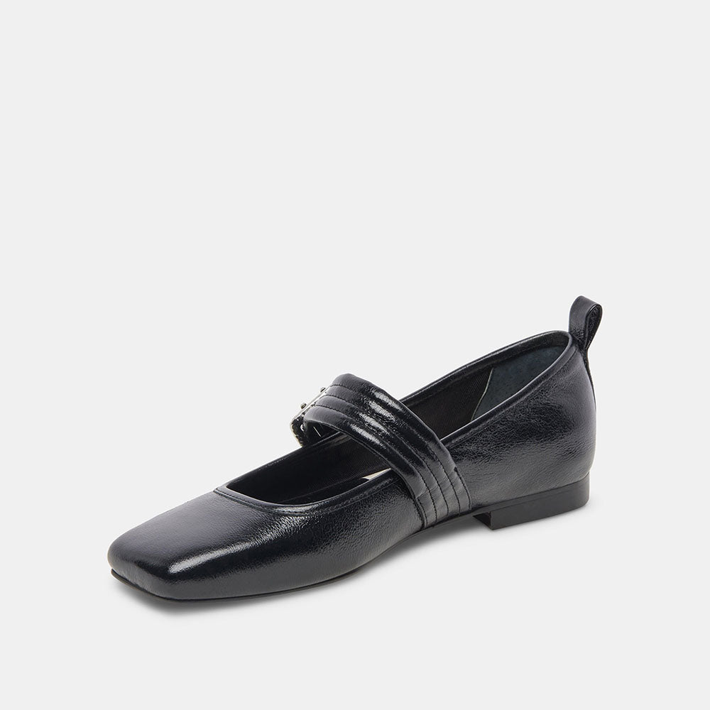 Black Patent Leather Square Toe Mary Jane Ballet Flats with Buckle