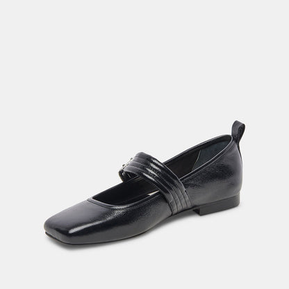 Black Patent Leather Square Toe Mary Jane Ballet Flats with Buckle