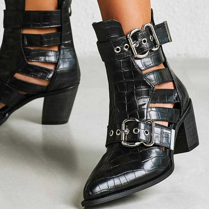 Black Croco Embossed Ankle Boots Cut Out Buckle Heeled Booties