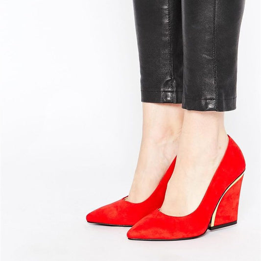 Women's Red Vegan Suede Pointed Toe 4 Inch Chunky Heel Pumps Shoes