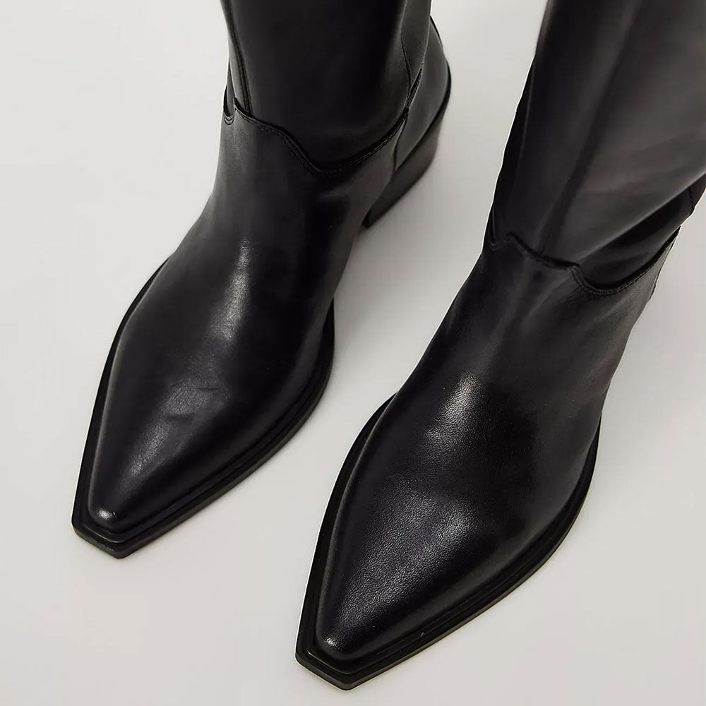 Black Chunky Heel Pointed Toe Pull-On Mid Calf Boots for Women