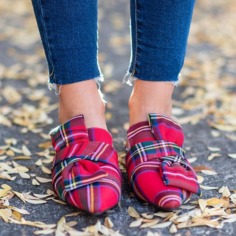 Red and Green Tartan Knotted Front Slip-On Flat Mule Women's Loafers