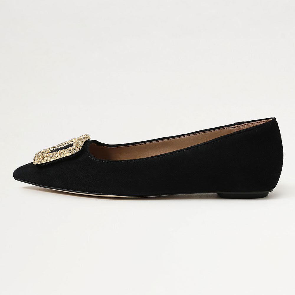 Delicate Gold Buckle Decor Pointed Toe Women's Dress Flats in Black