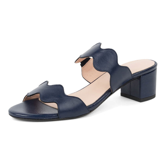 Two Straps Open Toe Block Heel Navy Blue Women's Mules Sandals