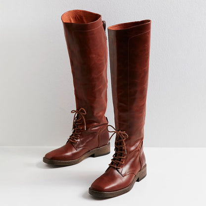 Lace-Up Vegan Leather Square Toe Flat Knee High Boots in Brown