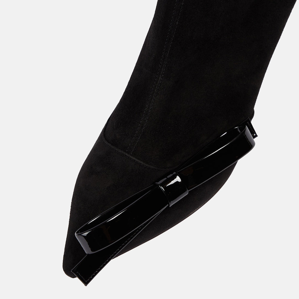 Black Faux Suede Closed Toe Decorative Heel Ankle Boots