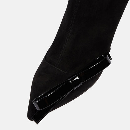 Black Faux Suede Closed Toe Decorative Heel Ankle Boots