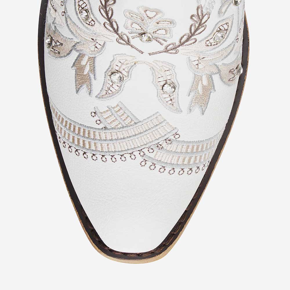 White Rhinestone Embroidered Chunky Heel Cowboy Knee High Boots