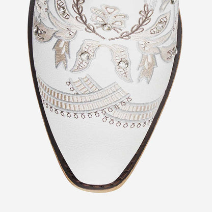 White Rhinestone Embroidered Chunky Heel Cowboy Knee High Boots