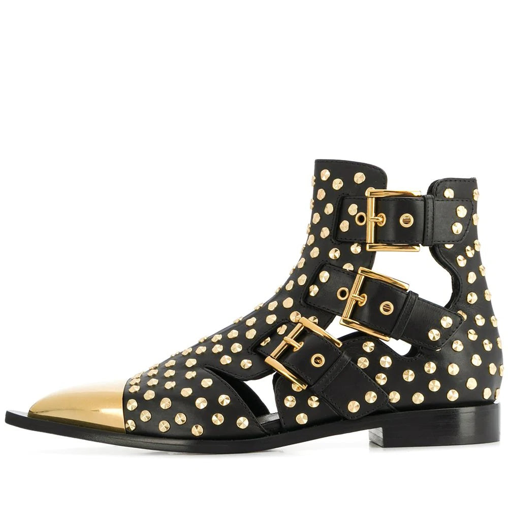 Black Cut Out Buckle Strap Gold Pointed Toe Ankle Boots with Studs