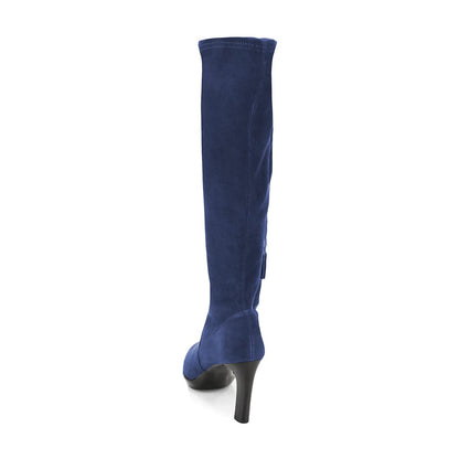 Blue Faux Suede Pointed Toe Stretch Chunky Heel Knee High Boots