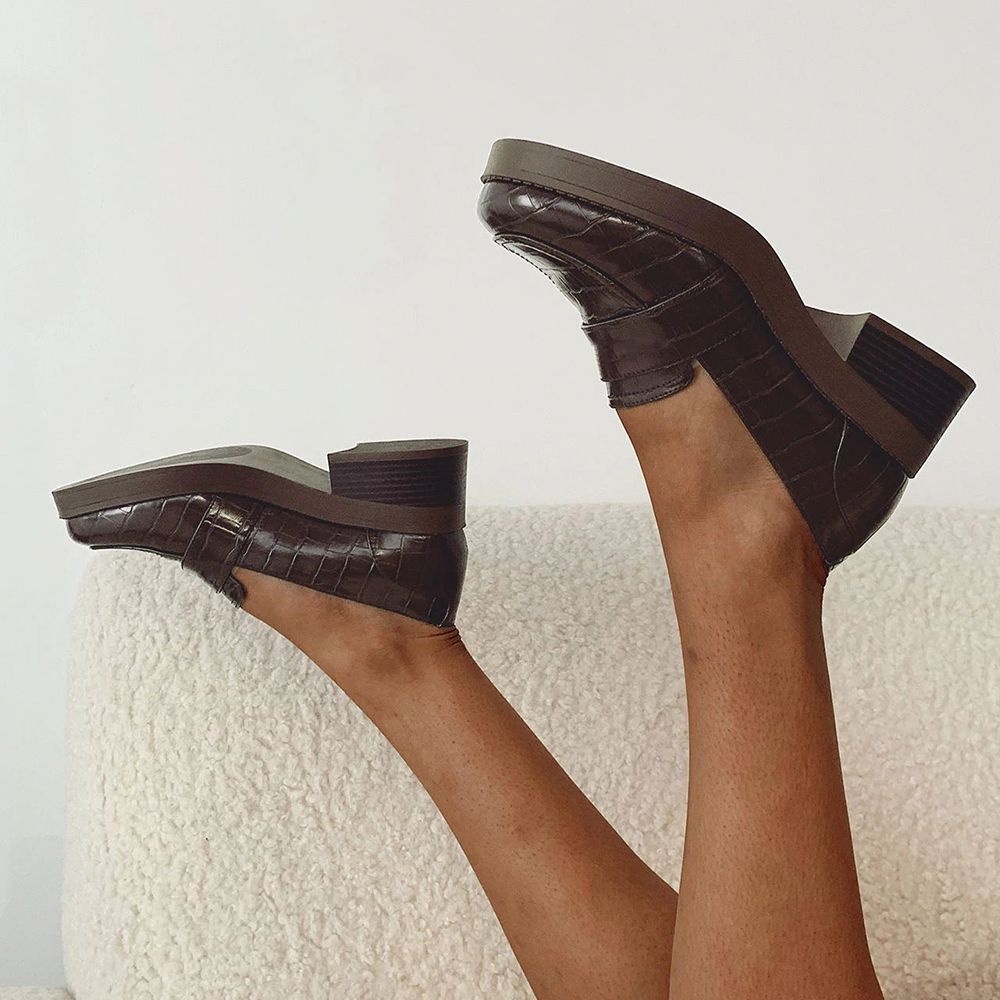 Brown Croco Embossed Closed Toe Classic Heeled Loafers Women