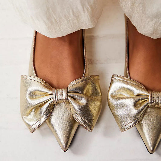 Gold Metallic Pointed Toe Bow Embellishment Flats for Women