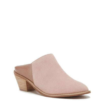 Women's Nude Round Toe Wood Block Heels Vegan Suede Mules Shoes