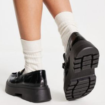 Black Patent Leather Loafers With Platform Lug Sole Women Flats