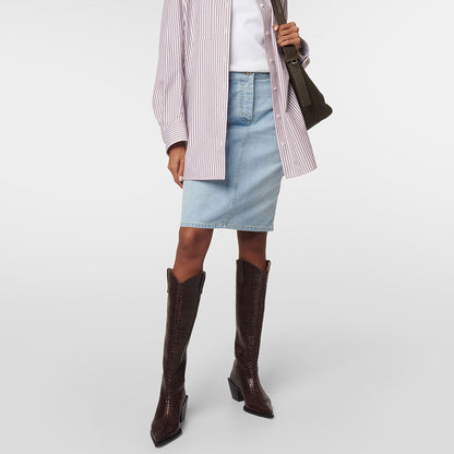 Brown Woven Pointed Toe Block Heel Knee High Boots for Women