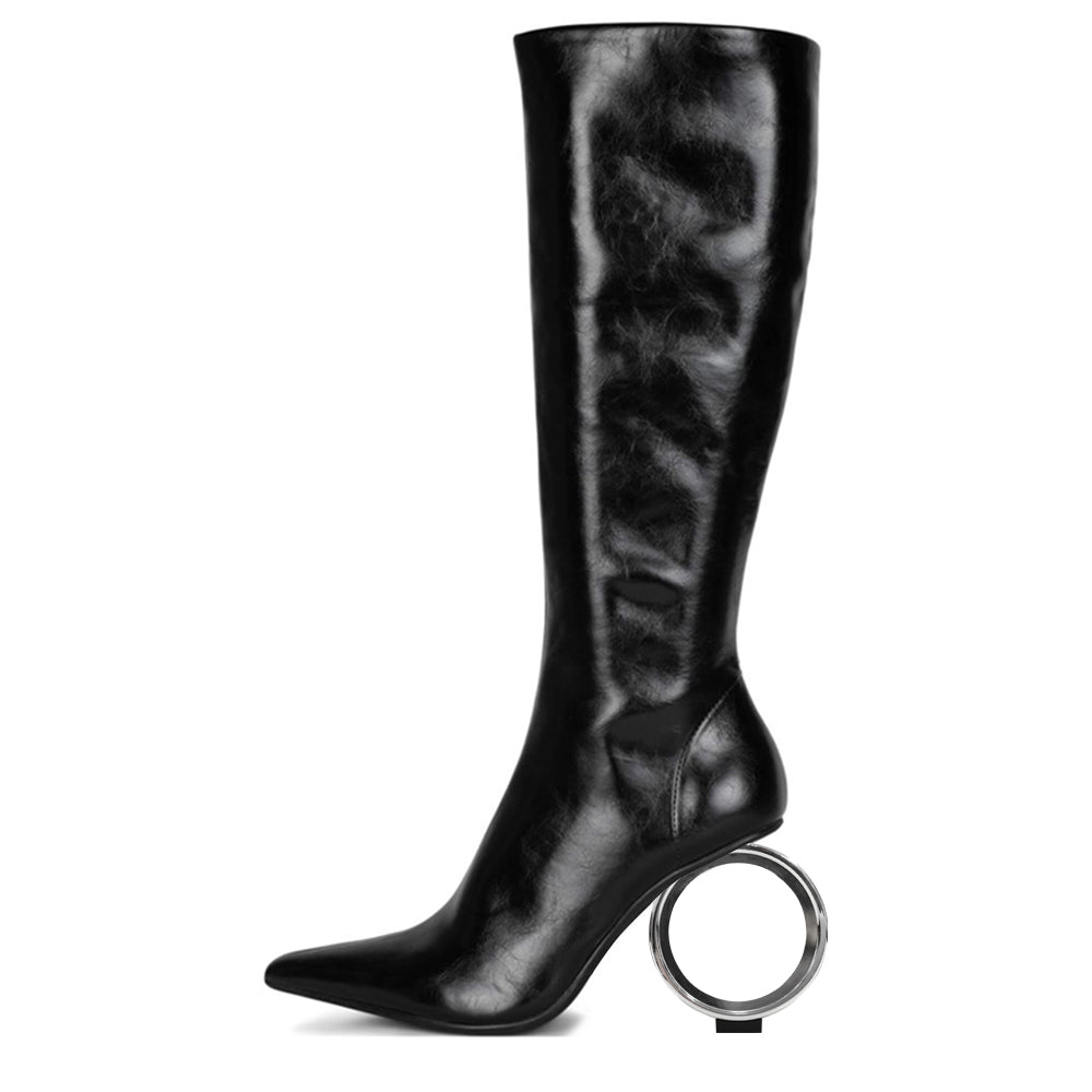 Black Closed Toe Decorative Heel Knee High Boots for Winter
