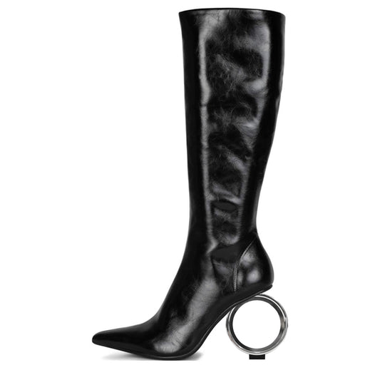 Black Closed Toe Decorative Heel Knee High Boots for Winter
